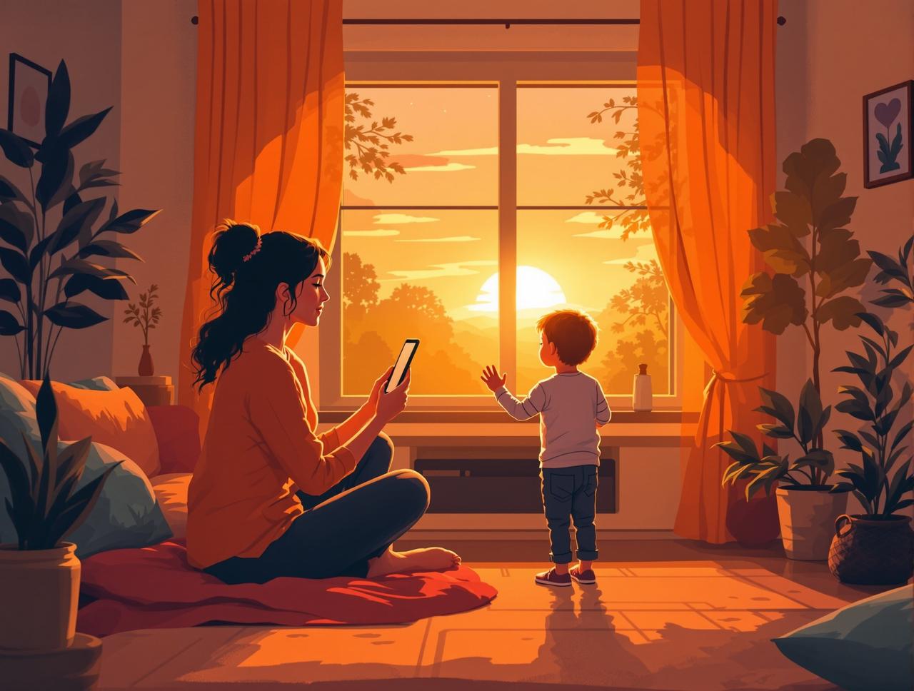 电视短剧品牌故事 - 创始人李晨曦与孩子一起观看动画片的温暖时刻